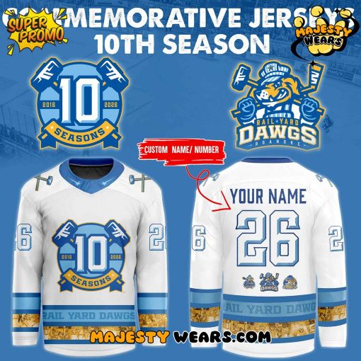 Roanoke Rail Yard Dawgs Special 10th Season White Hockey Jersey