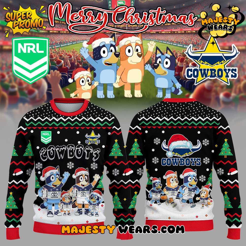 NQ Cowboys x Bluey and Bingo Merry Christmas Ugly Sweater NQ Cowboys x Bluey and Bingo Merry Christmas Ugly Sweater
