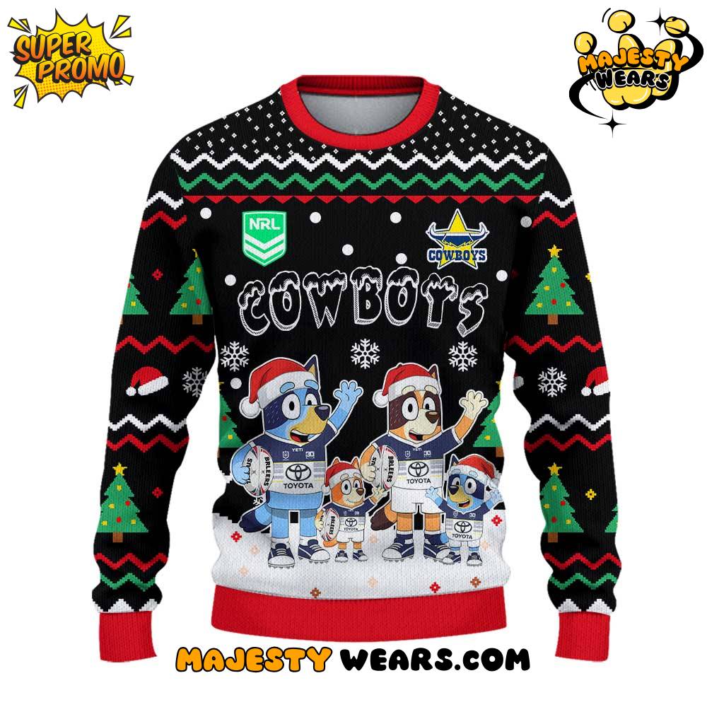NQ Cowboys x Bluey and Bingo Merry Christmas Ugly Sweater NQ Cowboys x Bluey and Bingo Merry Christmas Ugly Sweater