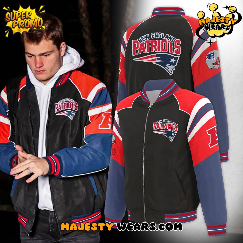 New England Patriots Black Raglan Bomber Jacket New England Patriots Black Raglan Bomber Jacket