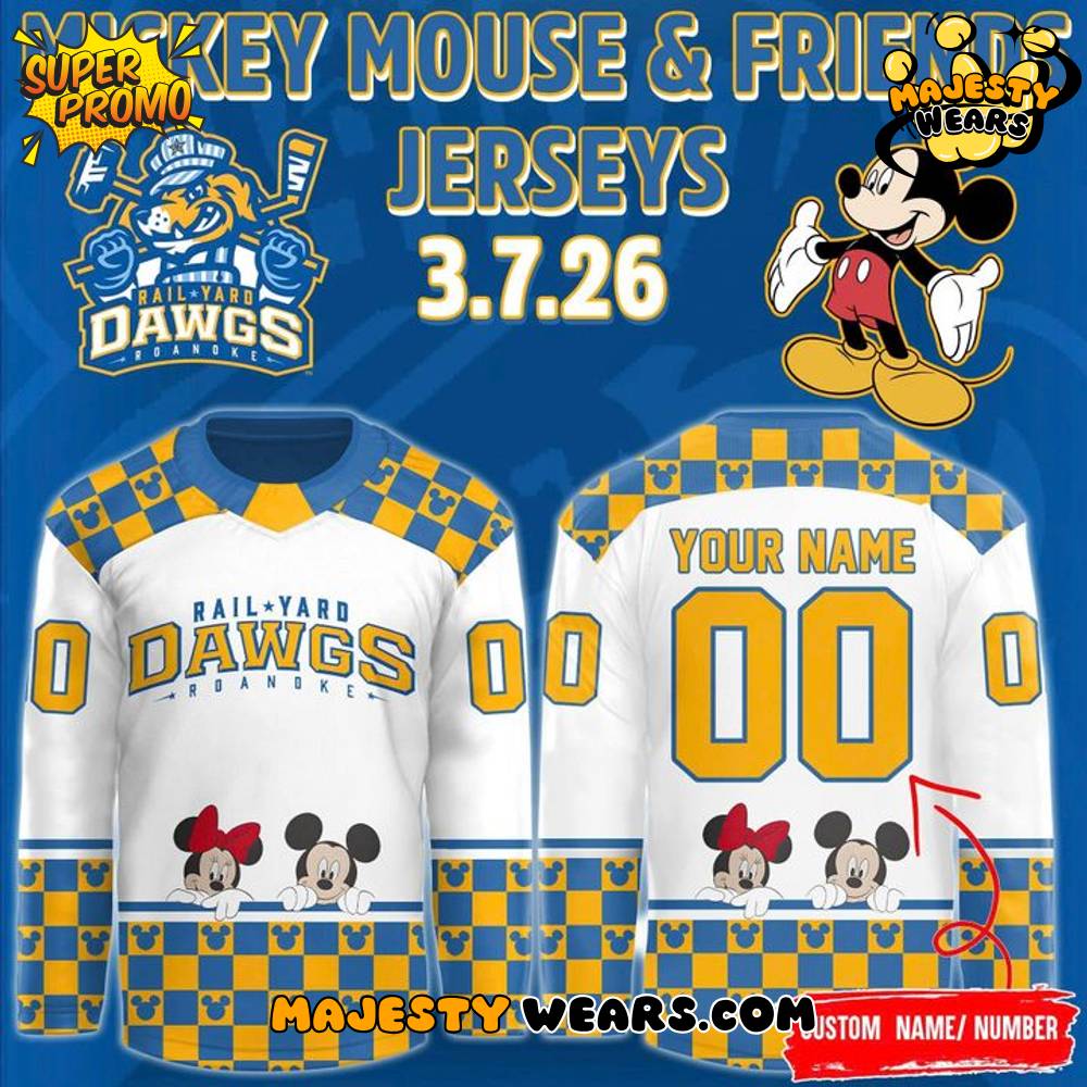 Roanoke Rail Yard Dawgs Mickey Mouse & Friends New Custom Hockey Jersey Roanoke Rail Yard Dawgs Mickey Mouse & Friends New Custom Hockey Jersey