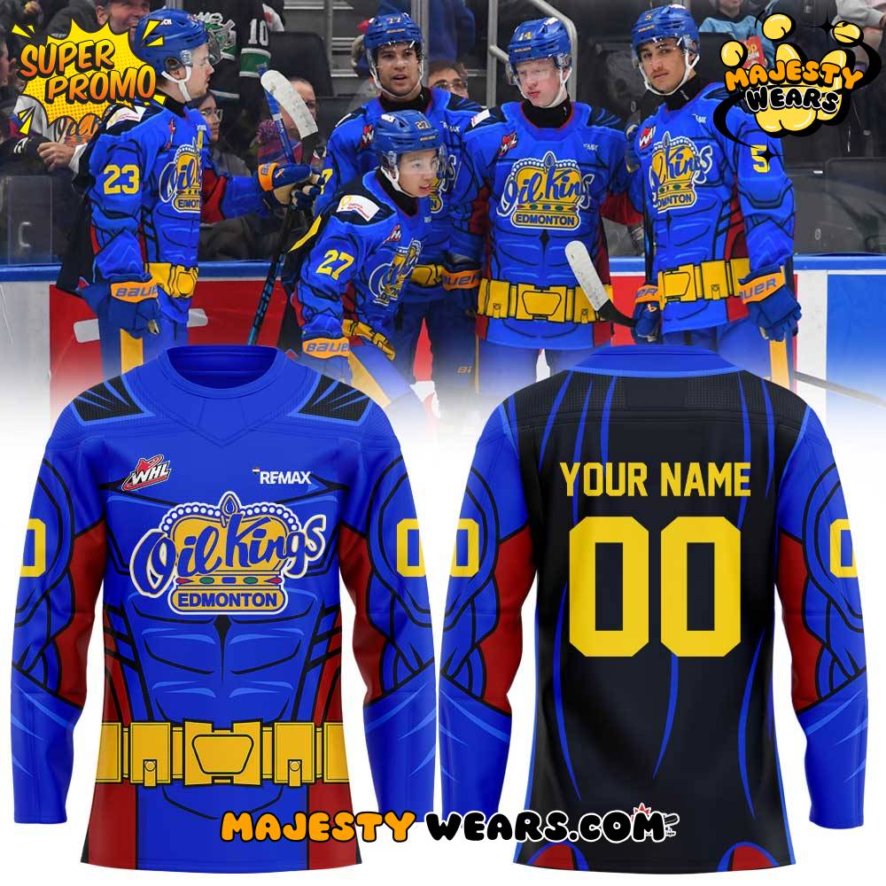 Edmonton Oil Kings ‘Oil Kings Superhero’ Uniform Custom Hockey Jersey Edmonton Oil Kings ‘Oil Kings Superhero’ Uniform Custom Hockey Jersey