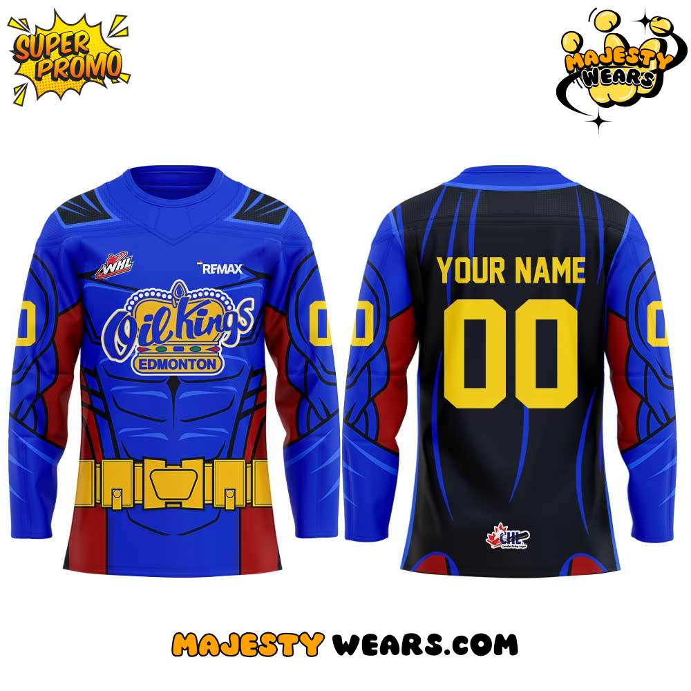 Edmonton Oil Kings ‘Oil Kings Superhero’ Uniform Custom Hockey Jersey Edmonton Oil Kings ‘Oil Kings Superhero’ Uniform Custom Hockey Jersey